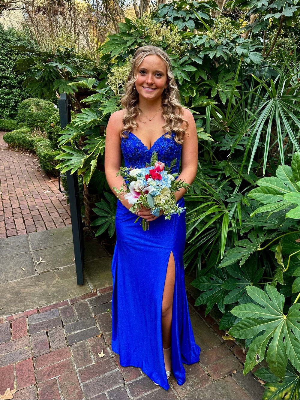 Royal Blue Lace Appliqué Evening Gown with Thigh Slit